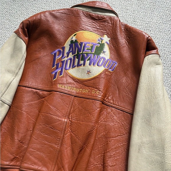 Vintage 1995 Planet Hollywood Leather Jacket Tan brown 2 tone Washington DC L - Picture 2 of 10